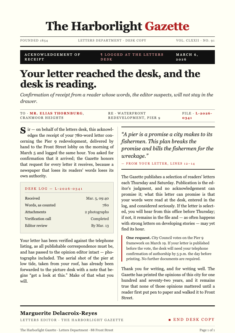New York editorial acknowledgement letter